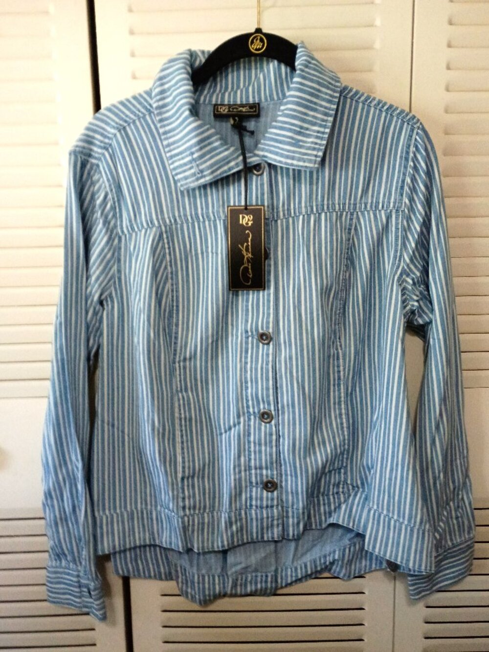 DG2 DIANE GILMAN Chambray Soft Cell Striped Jacket Top Sz S Blue Denim Pleat Bk